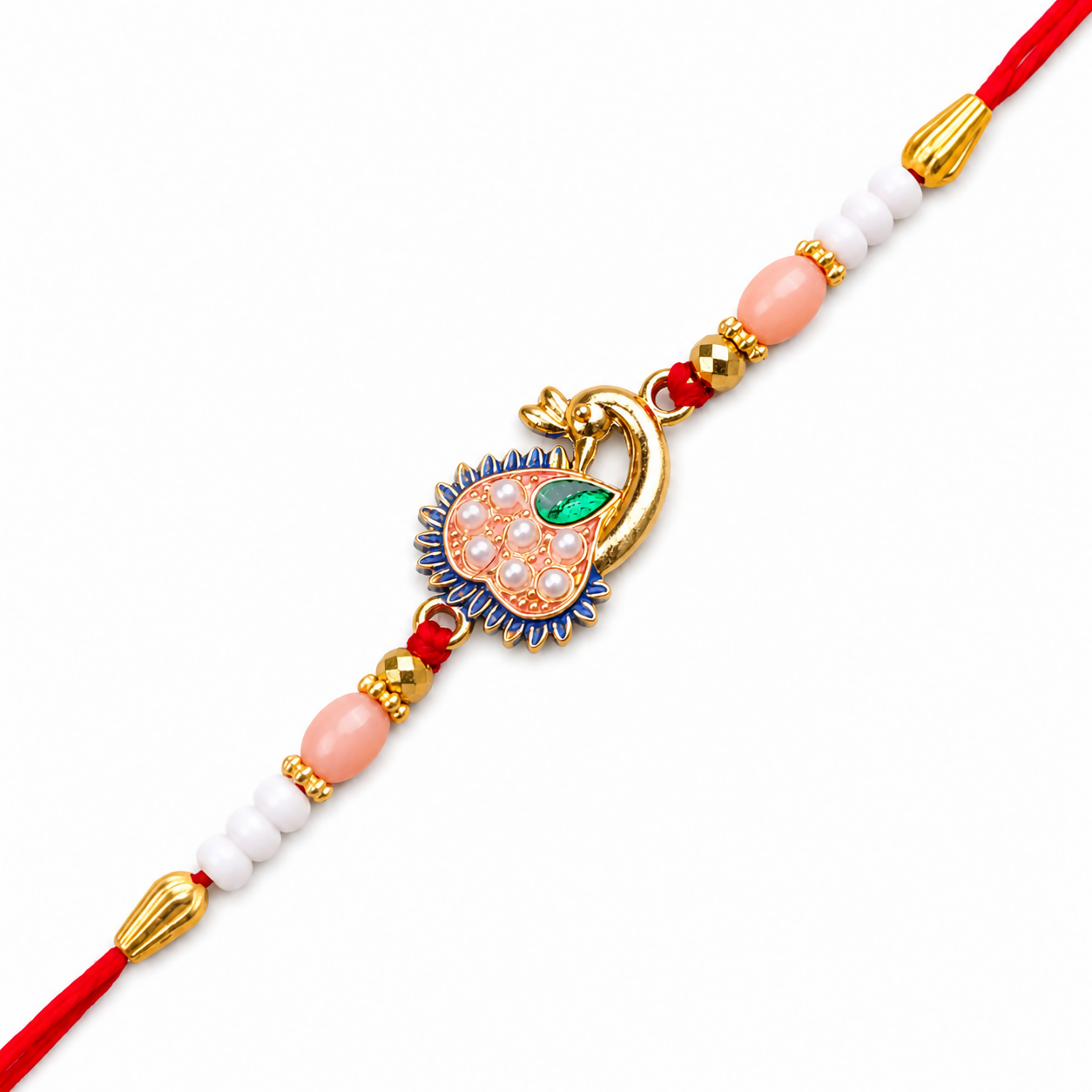 A red thread with a gold peacock charm, pink and white beads, and gold accents, centered on a plain white background.
