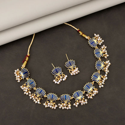 Gold Necklace with Blue Lotus & White Beads Pendant for Women Stylish Jewelry Set