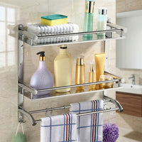 Wall Mounted Double Layer Bathroom Shelf with Towel Rod & Hooks Storage Rack Organizer