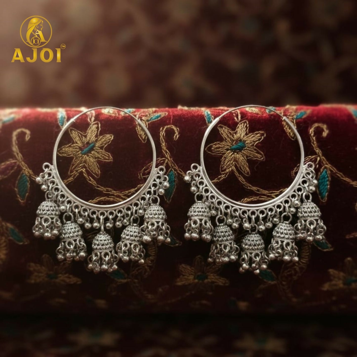 Handcrafted Oxidized Silver Hoop Jhumka Earrings with Intricate Filigree Detailing and Multiple Dangling Bell Drops