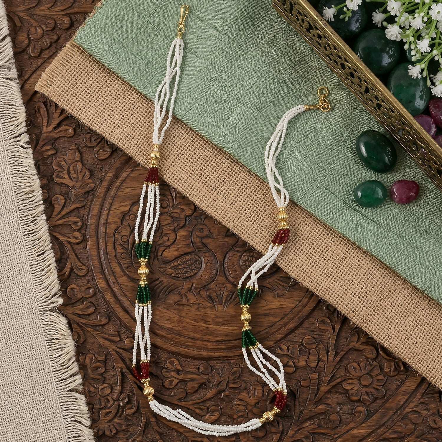 Layered design of handmade white bead mala necklace