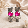 Oxidised Silver Tone Pink Stone Butterfly Jhumka Earrings with Hanging Bead Charms
