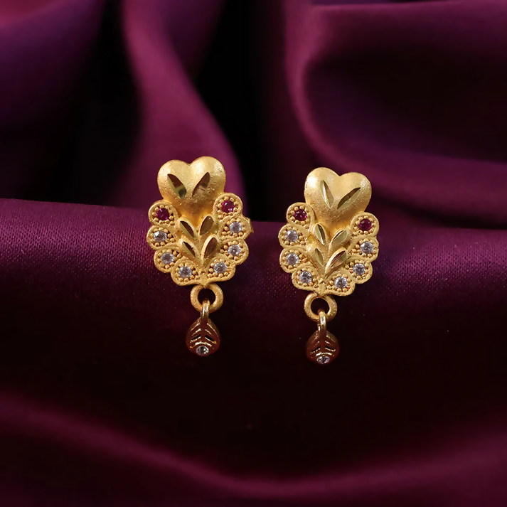 Floral Inspired Gold Stud Earrings With Central Stone And Teardrop Dangle Detail