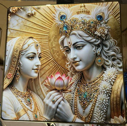 3D Radha Krishna Lotus Theme Crystal Wall Art Decorative Frame (12x12 Inch)