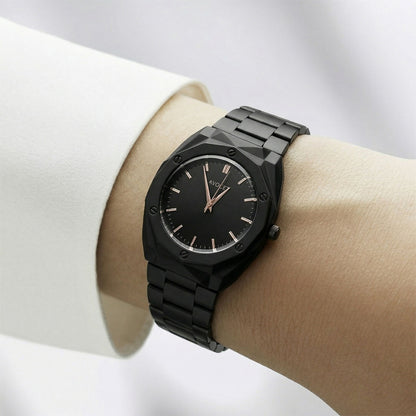 Luxury Matte Black Analog Watch with Geometric Dial Design & Metal Strap