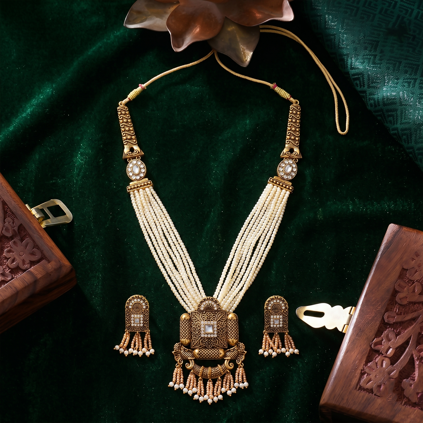 Royal gold and pearl necklace set front view