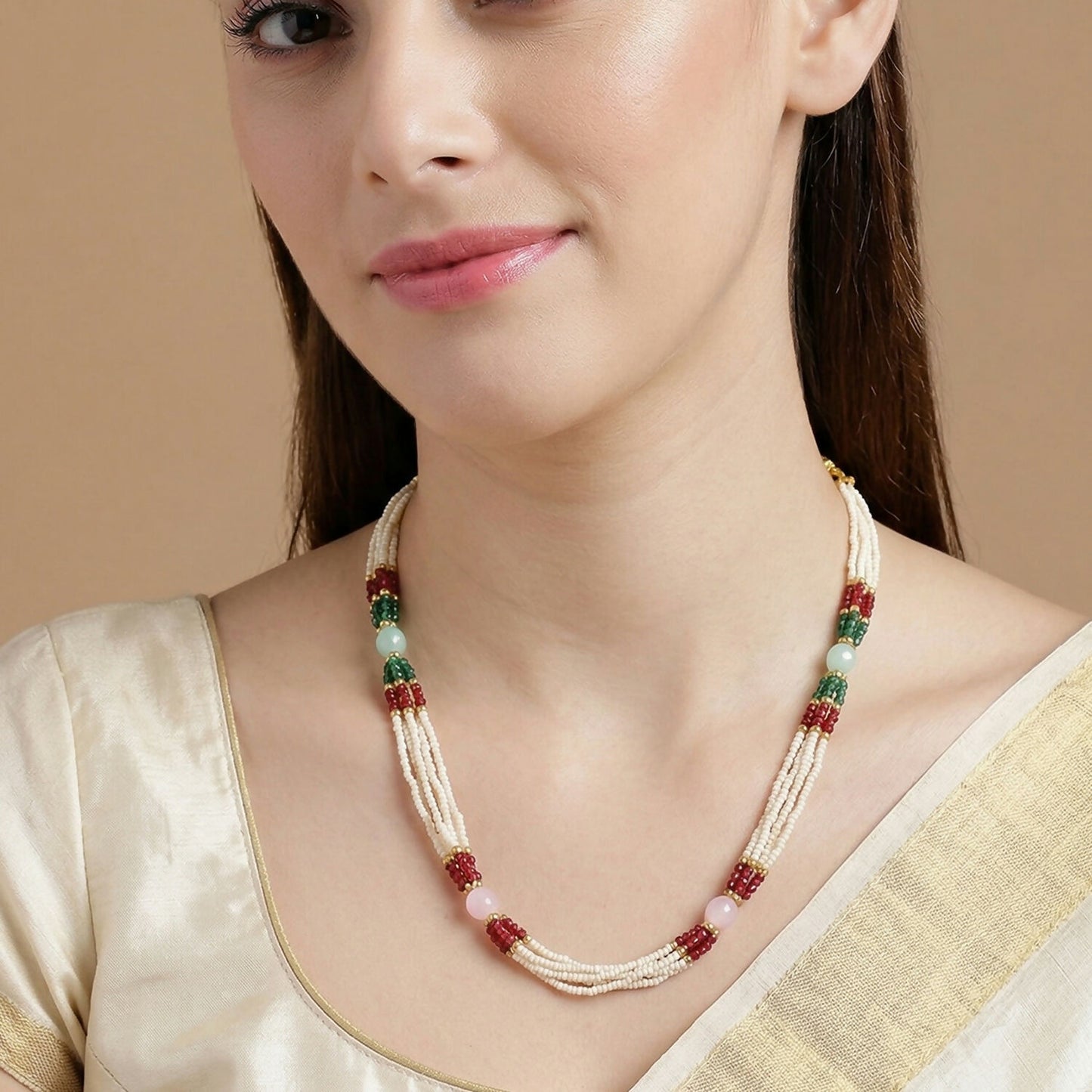 Elegant Multi-Layer Pearl Beaded Necklace with Red, Green & Pastel Stone Accents