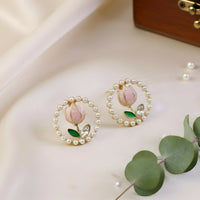 Korean Style Pearl Floral Stud Earrings for Women & Girls