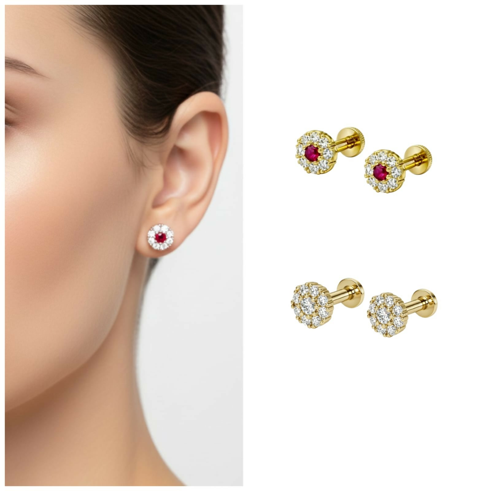 Combo pack of 4 flat back gold plated Ruby Diamond Halo stud earrings