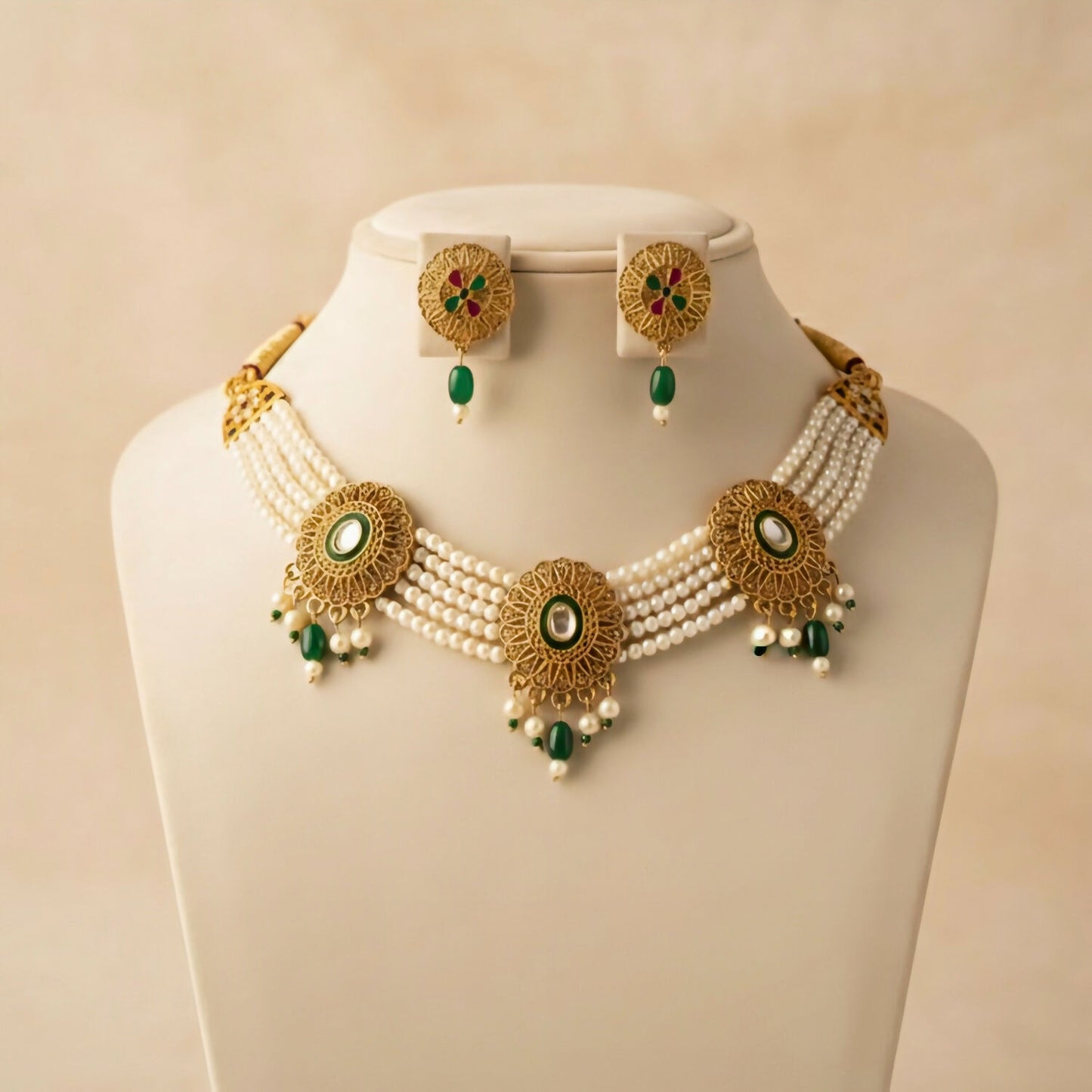 Traditional Gold-Plated Kundan Pearl Choker Necklace Set with Emerald Green Drops and Matching Earrings