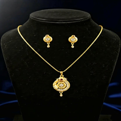 Gold-Plated Circular Pendant Necklace with Matching Drop Earrings – Floral Diamond & Ruby Accents