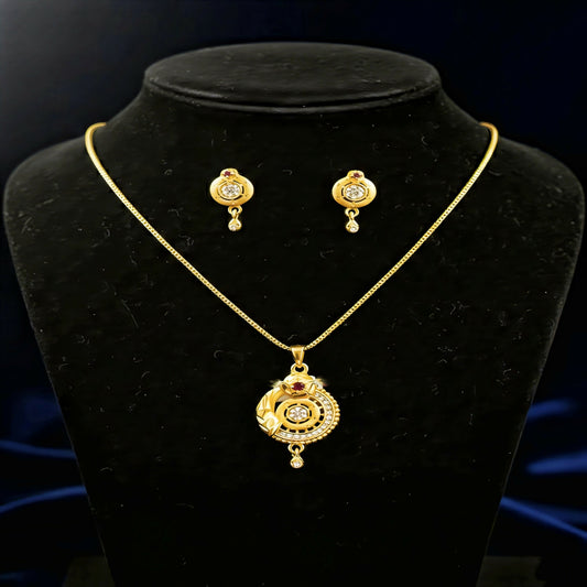 Gold-Plated Circular Pendant Necklace with Matching Drop Earrings – Floral Diamond & Ruby Accents