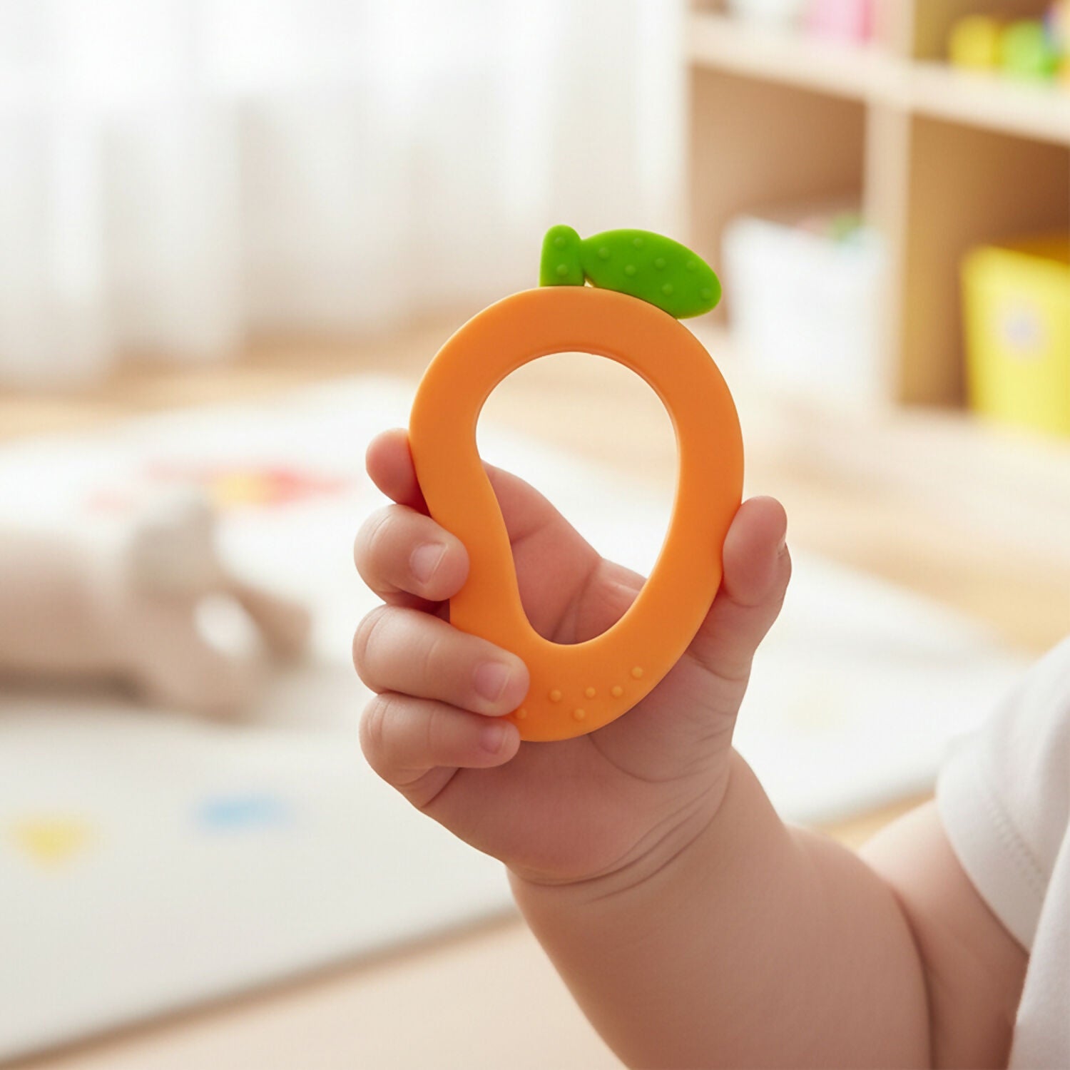 Mango-shaped silicone baby teether