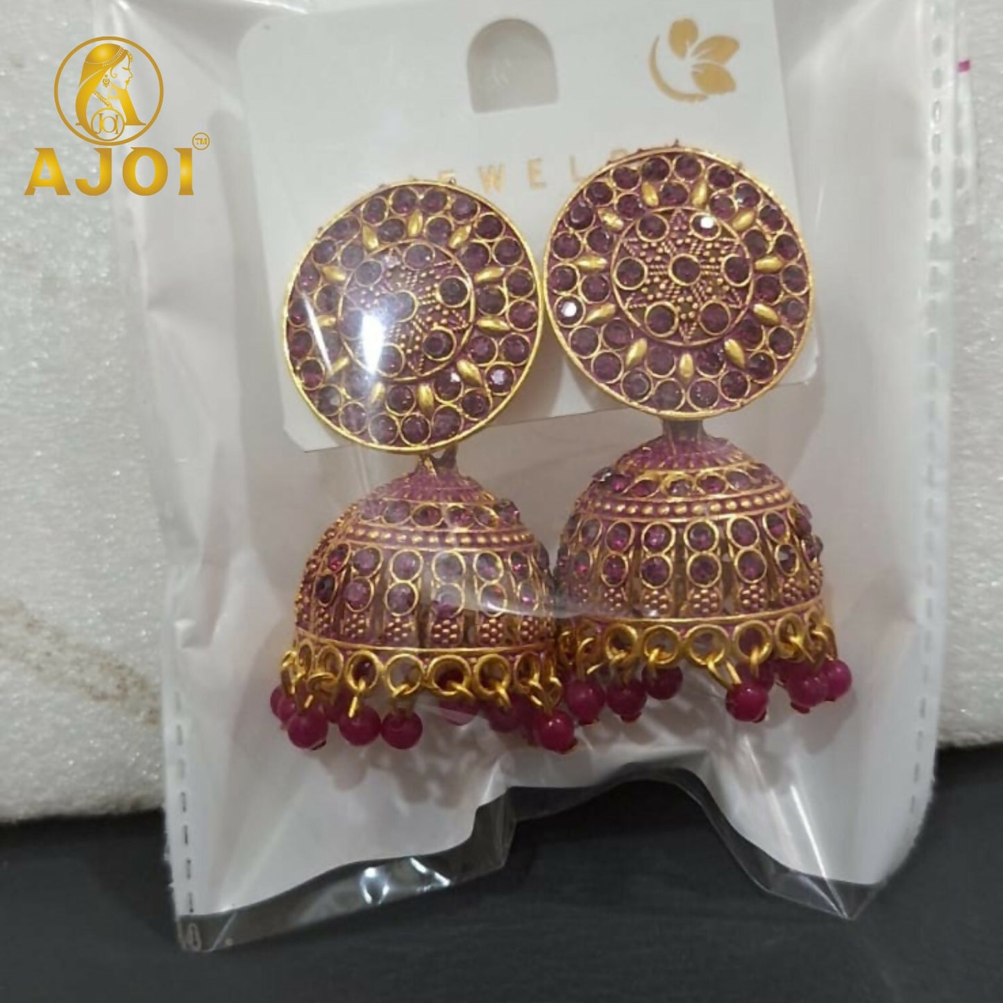 Antique Gold Pink Stone Jhumka Earrings Traditional Ethnic Design