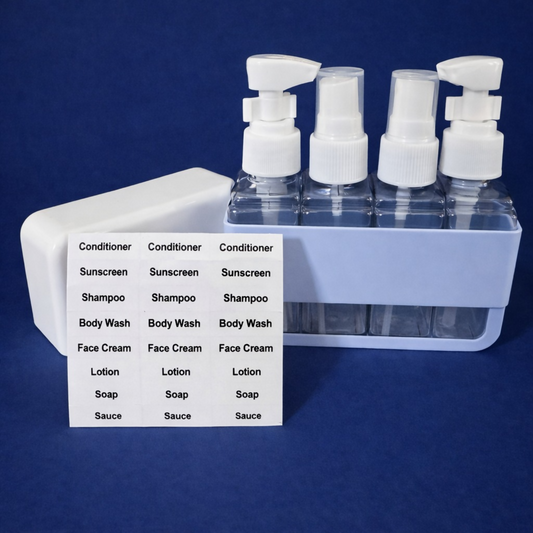 Blue Travel Sub-Bottle Dispenser with Pump & Spray Bottles for Toiletries