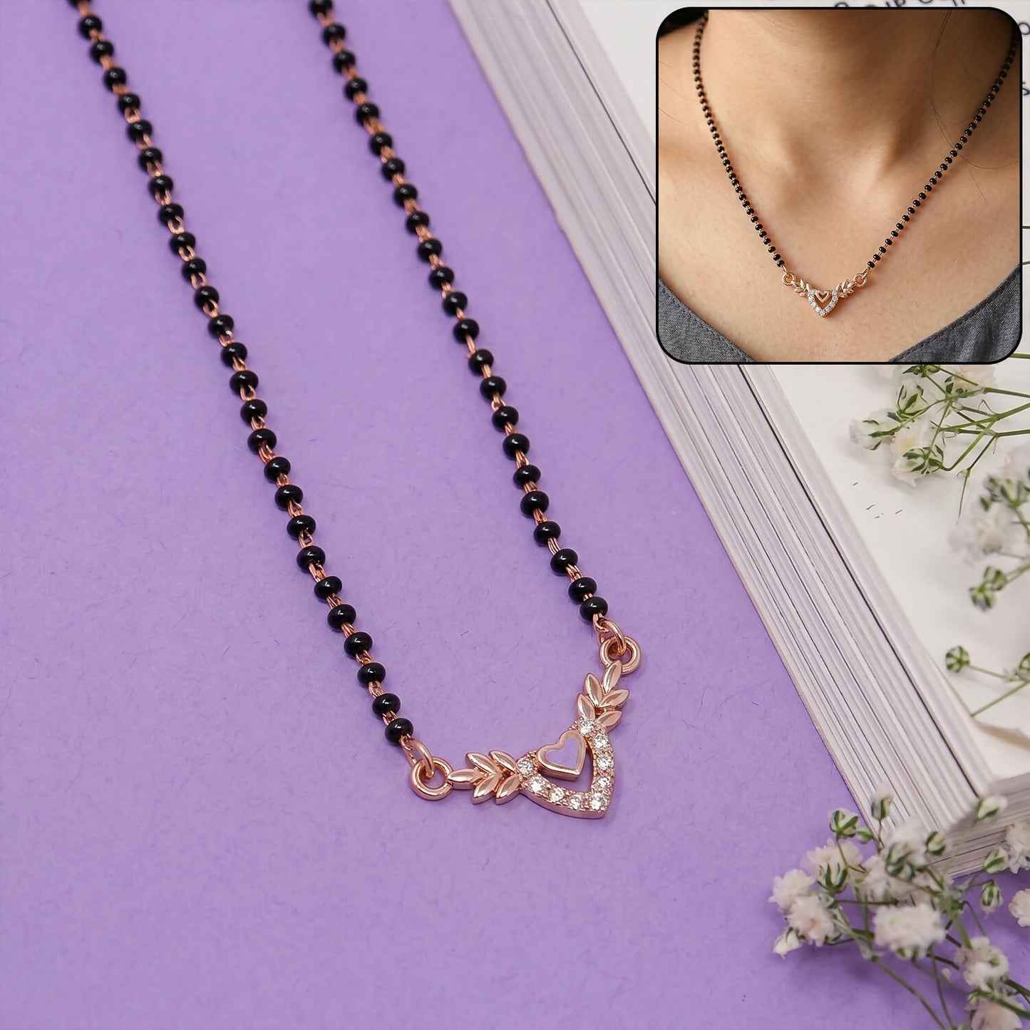 Rose Gold Finish Heart & Wheat Leaf V-Drop CZ Pendant Mangalsutra