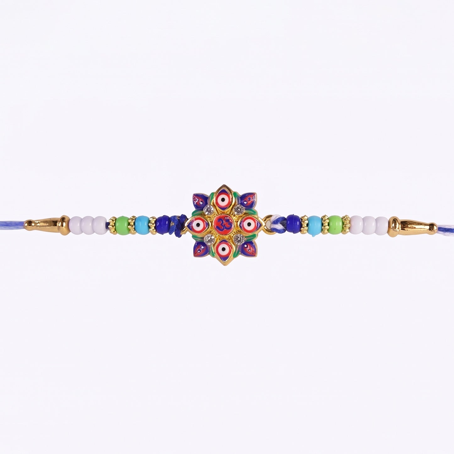 Multi Evil Eye OM Star Designer Rakhi displayed on white background