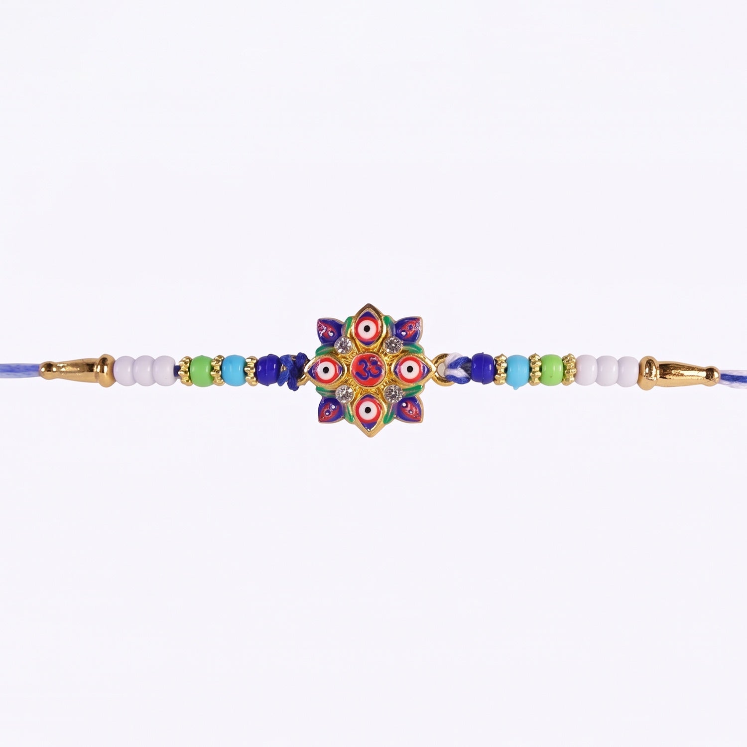 Multi Evil Eye OM Star Designer Rakhi displayed on white background