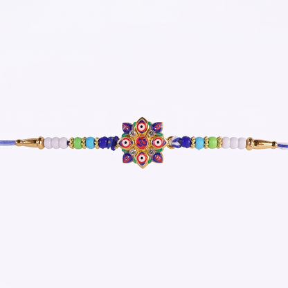 Multi Evil Eye OM Star Designer Rakhi displayed on white background