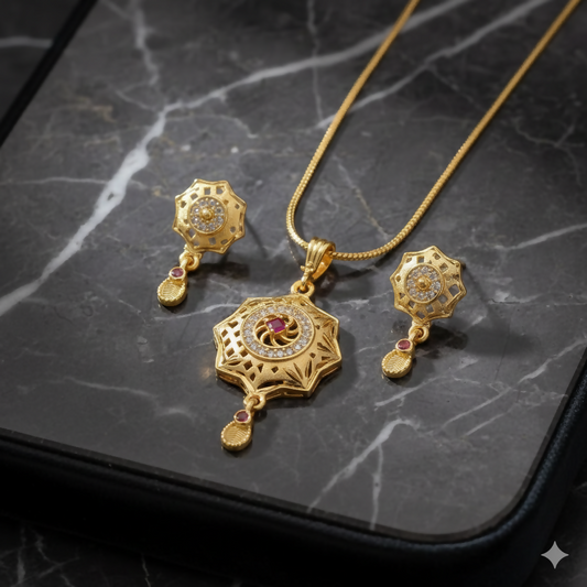 Floral Disc Gold Pendant and Earring Set Elegant Traditional Jewelry for Women