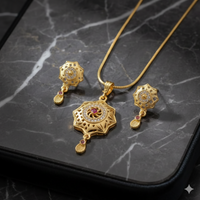 Floral Disc Gold Pendant and Earring Set Elegant Traditional Jewelry for Women