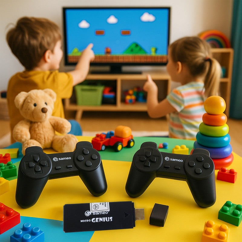 Sameo Micro Genius HDMI Gaming Console with Dual Wireless Controllers – Plug and Play Retro Video Game System with Built-in Games
