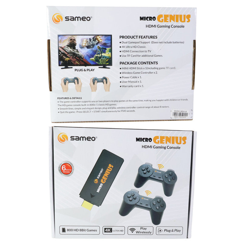 Sameo Micro Genius HDMI Gaming Console with Dual Wireless Controllers – Plug and Play Retro Video Game System with Built-in Games
