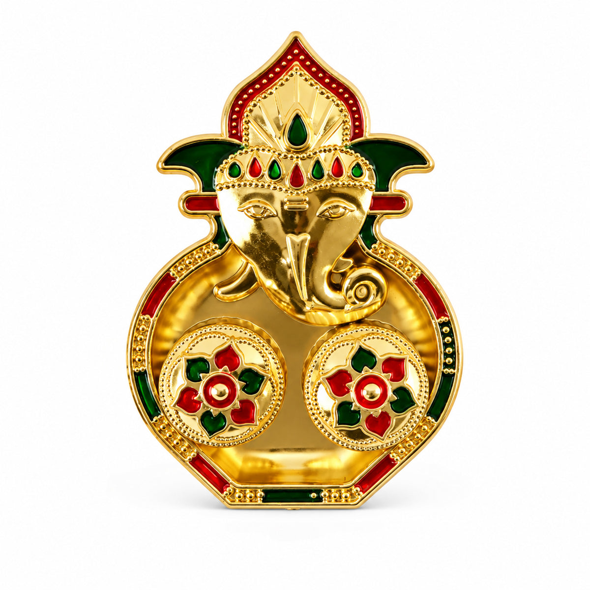 A golden Ganesha-shaped kumkum holder with red and green enamel details on a white background.