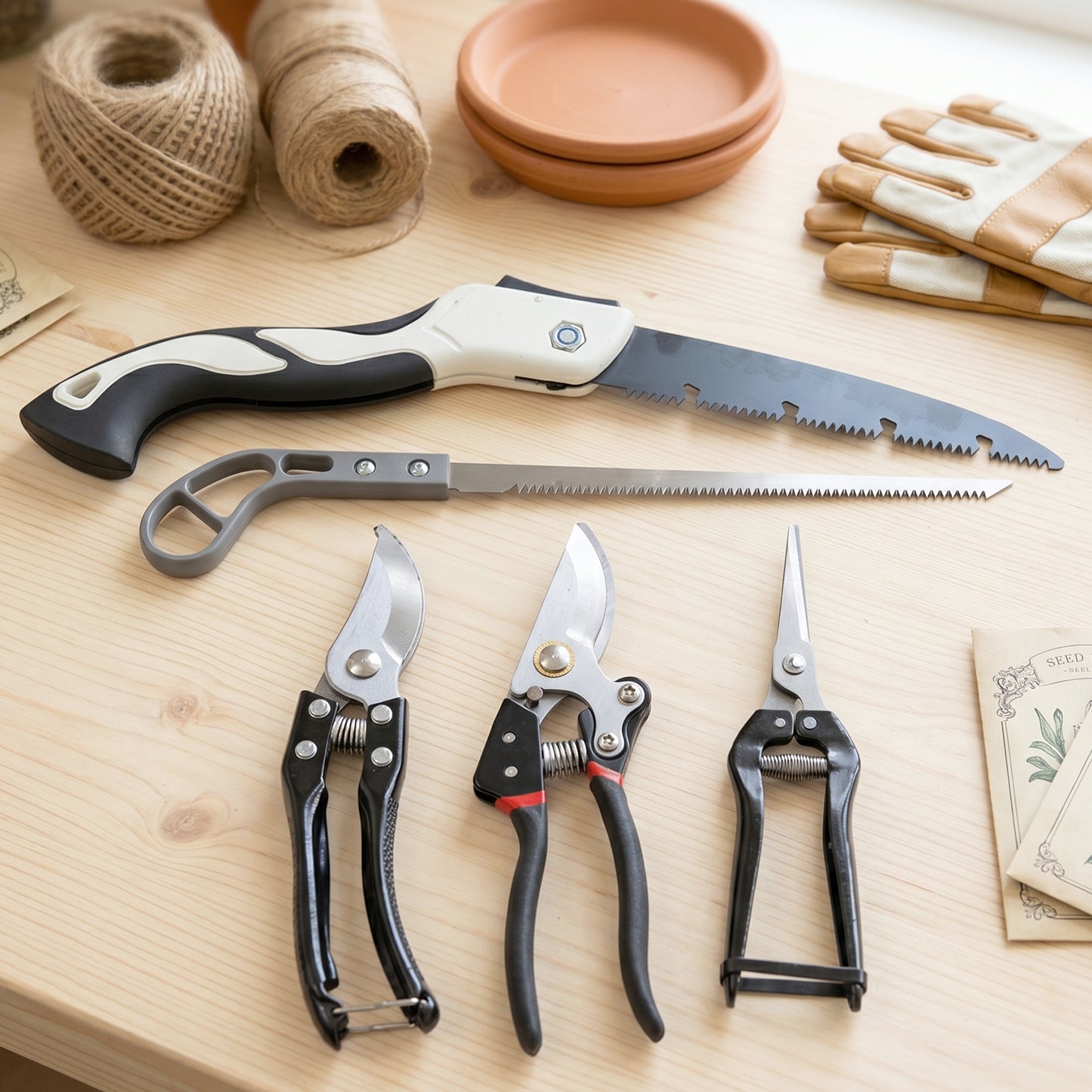 Gardening tools including pruning saw and shears for garden care