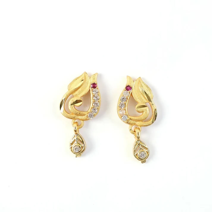 Traditional Curved Leaf Style Gold Stud Earrings With Crystal Detailing And Drop Charm