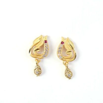 Traditional Curved Leaf Style Gold Stud Earrings With Crystal Detailing And Drop Charm