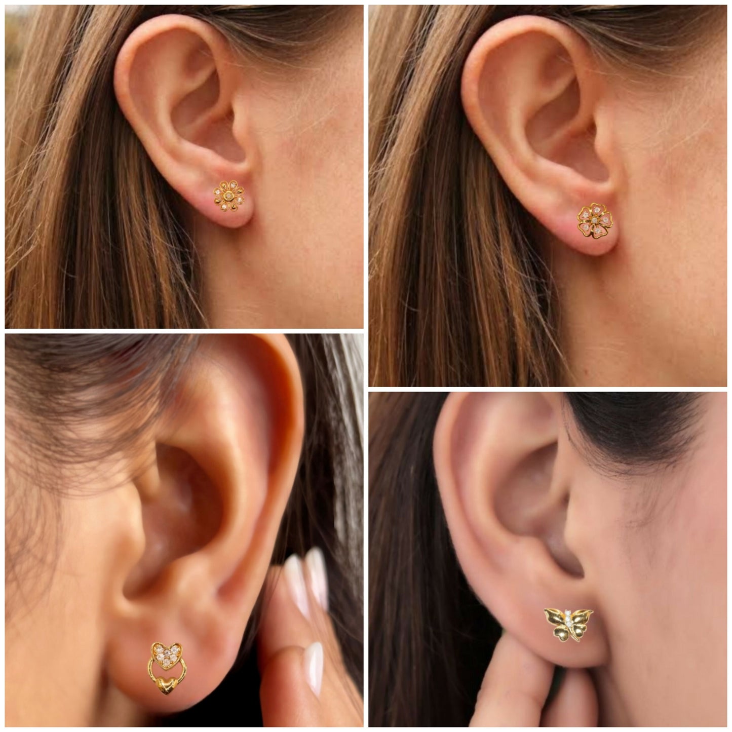 Close-up of gold plated heart stud earrings with cubic zirconia stones