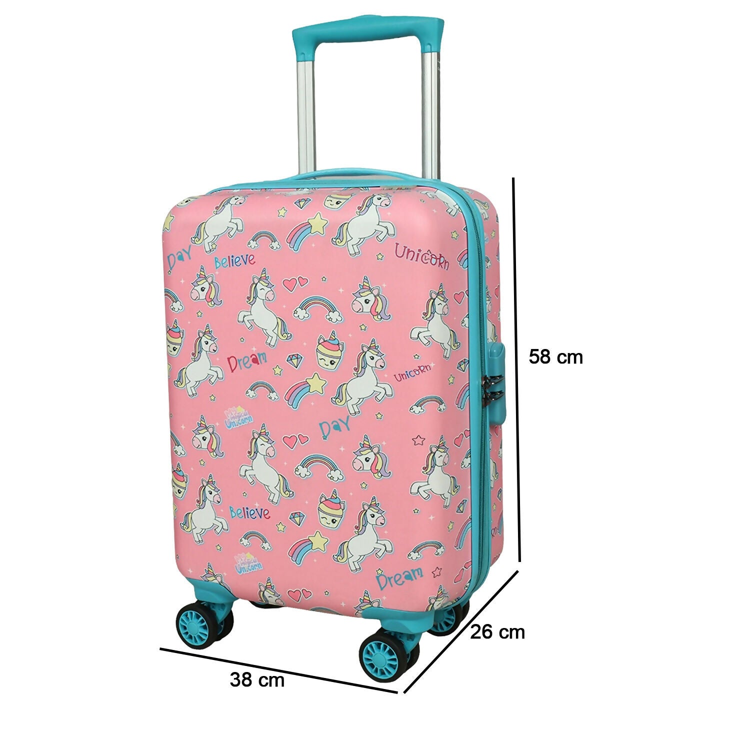 Novex Pink Unicorn Kids Trolley Bag standing upright