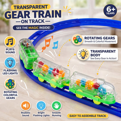 Interactive Train Set with Tracks, Lights & Music – Battery Operated, Transparent Design for Kids