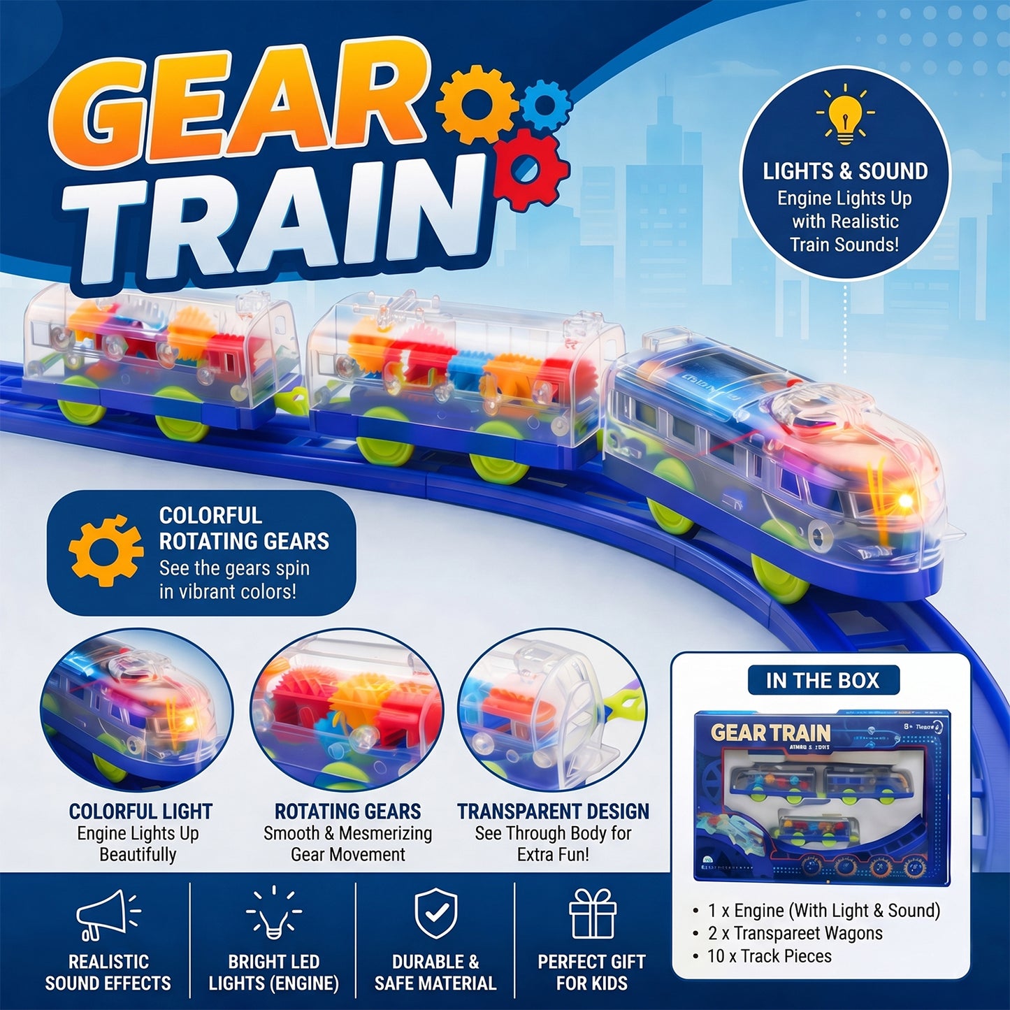 Interactive Train Set with Tracks, Lights & Music – Battery Operated, Transparent Design for Kids