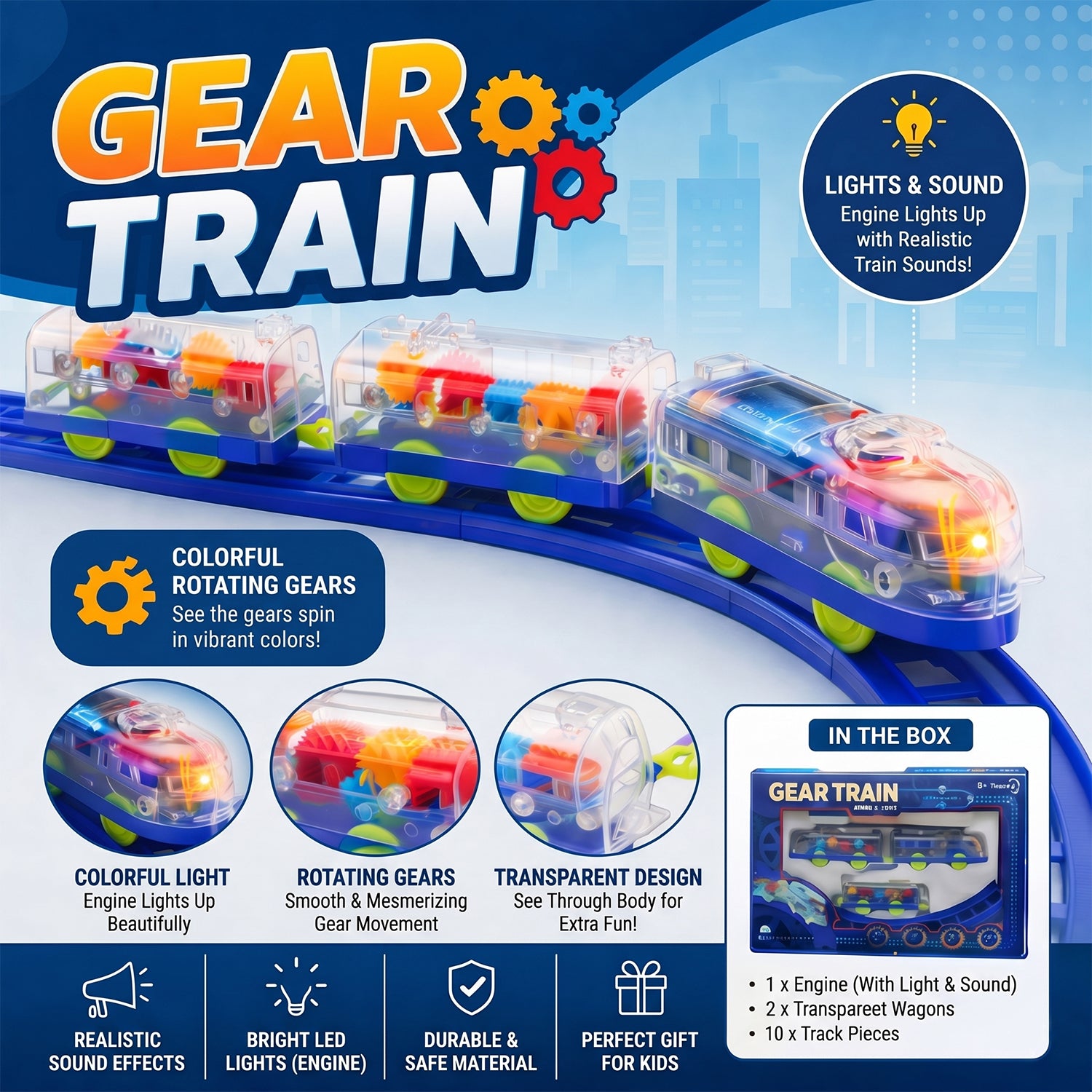 Interactive Train Set with Tracks, Lights & Music – Battery Operated, Transparent Design for Kids