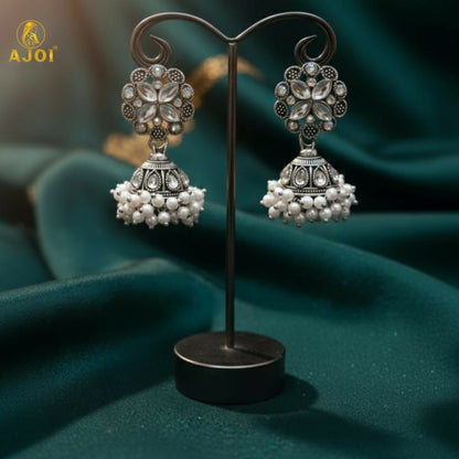 Elegant Silver Oxidized Floral Jhumka Earrings with Pearl Drops
