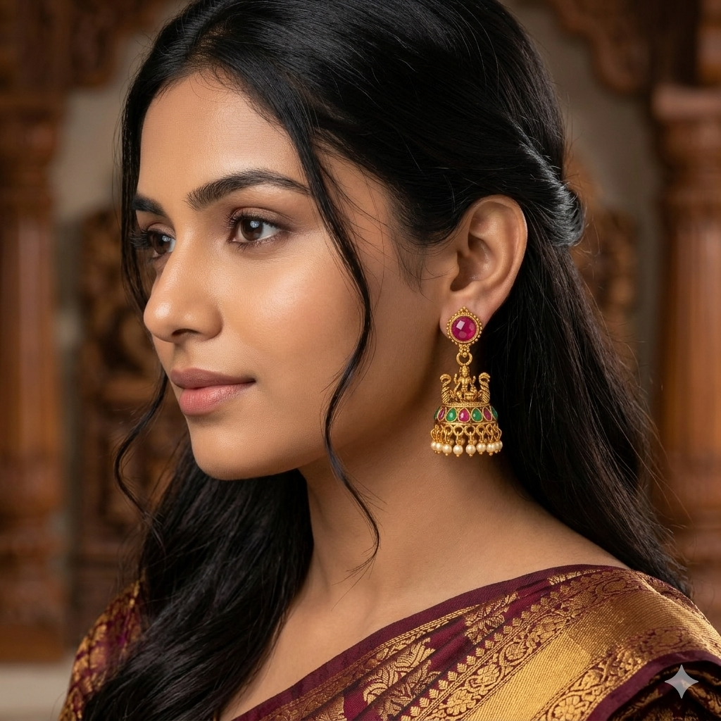 Antique Matte Gold Plated Temple Jhumka Earrings with Ruby Studs and Pearl Drops