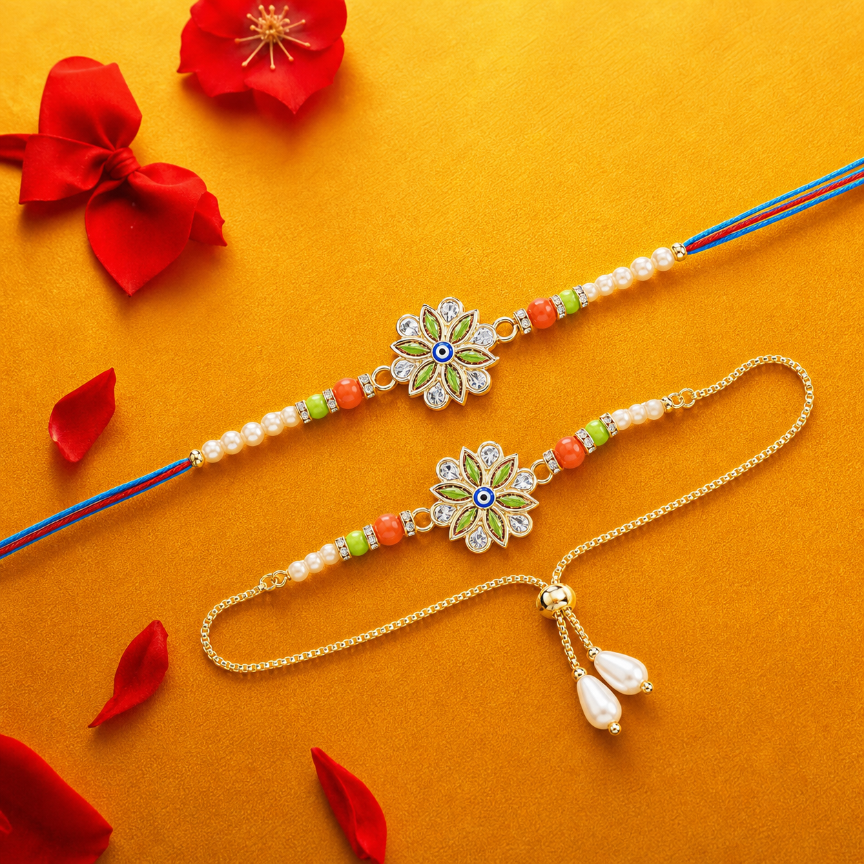 Pearl drop Lumba paired with floral Bhaiya Bhabhi Rakhi