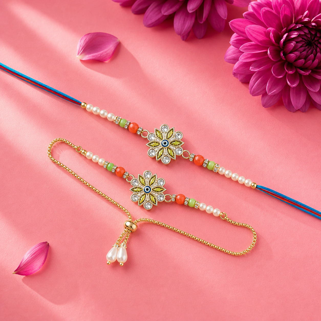 Close-up of floral Rakhi design with colorful beads