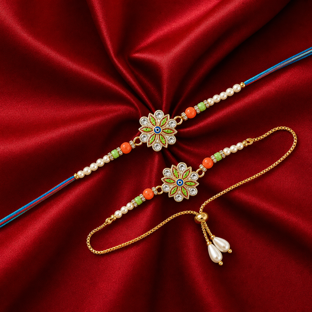 Floral Bhaiya Bhabhi Rakhi Set with pearl drop Lumba front view