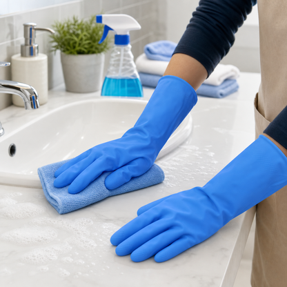 Blue gloves for various household cleaning tasks