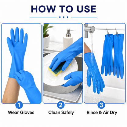 Textured grip detail on blue rubber gloves