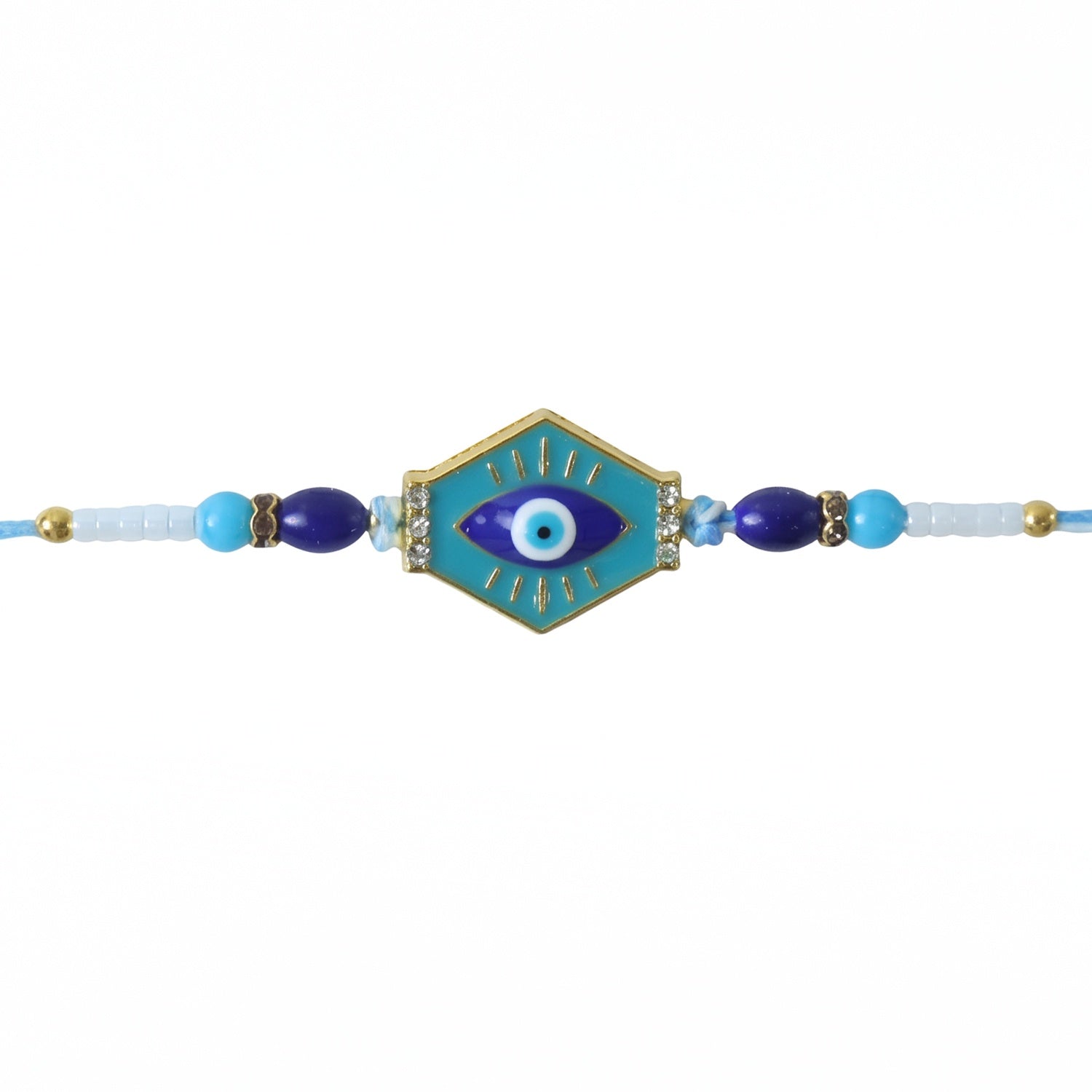 Decorative beads on turquoise evil eye Rakhi
