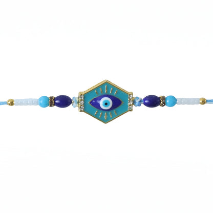 Decorative beads on turquoise evil eye Rakhi