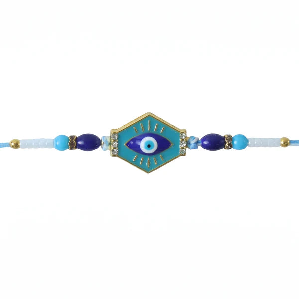 Side view of the Evil Eye Hexagon Rakhi showcasing its unique design.