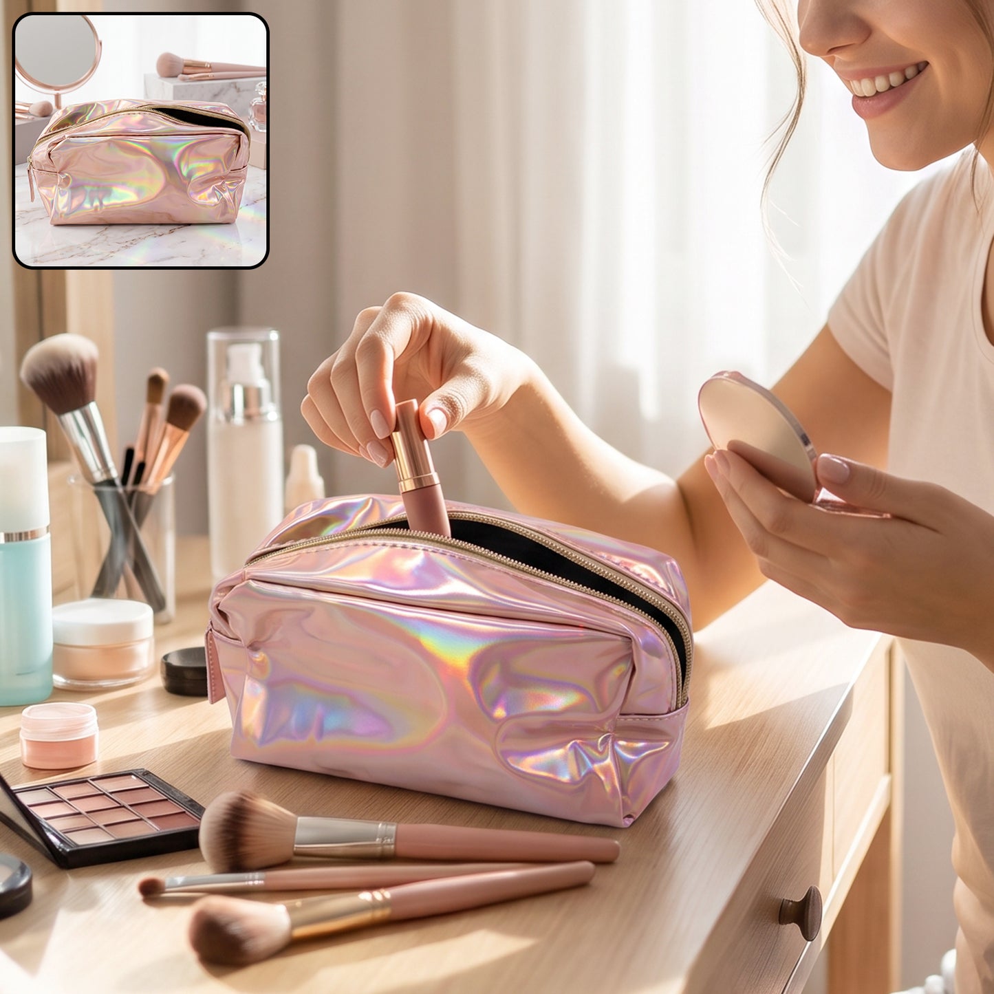 Waterproof Travel Cosmetic Pouch Holographic Makeup Toiletry Bag (1 Pc)