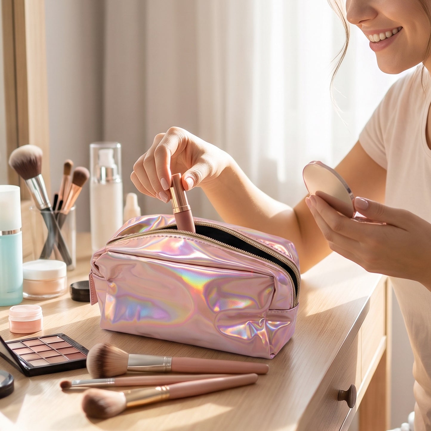 Waterproof Travel Cosmetic Pouch Holographic Makeup Toiletry Bag (1 Pc)