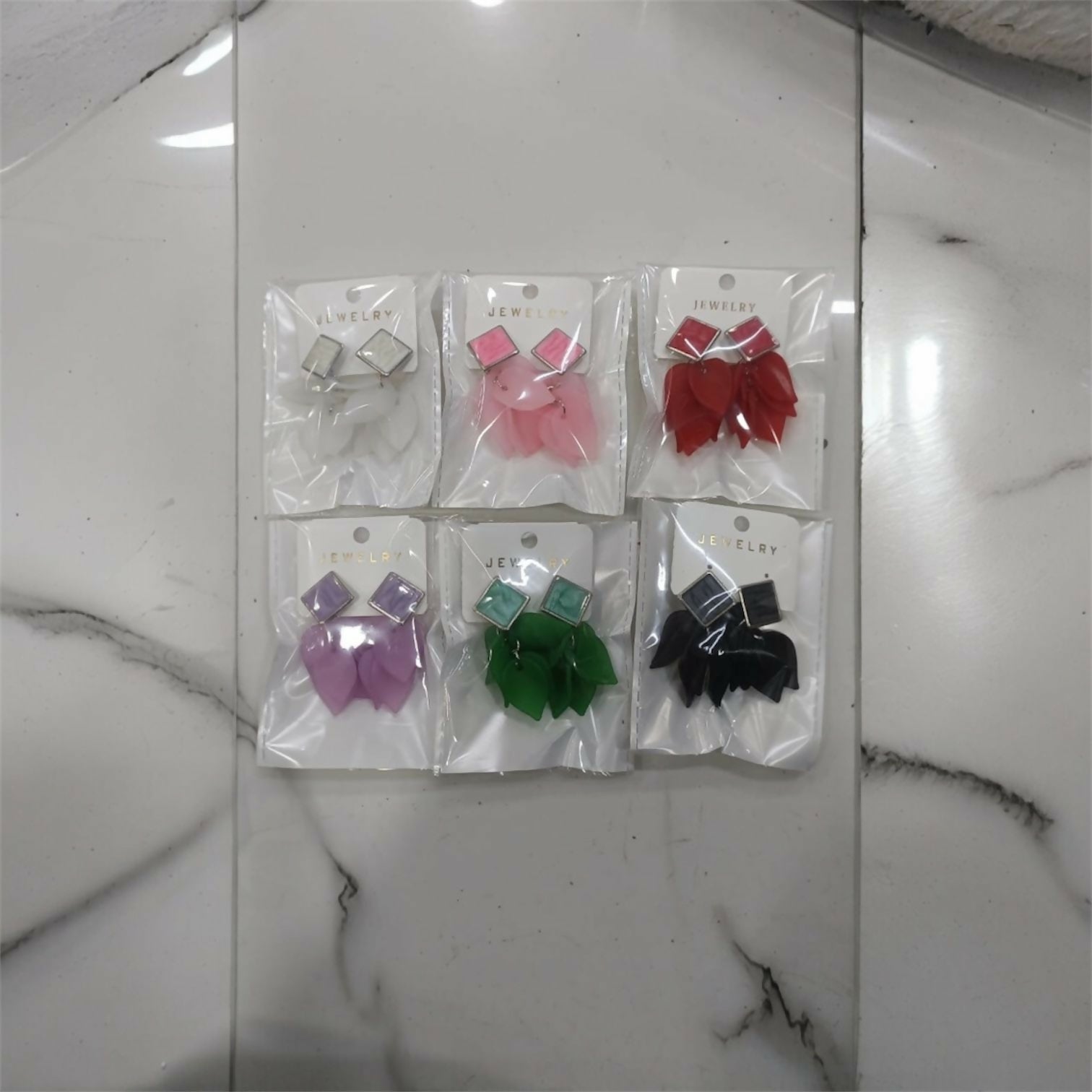 Premium Acrylic Petal Drop Earrings with Square Stud Top – Multicolor Fashion Collection (Pack Of 6)