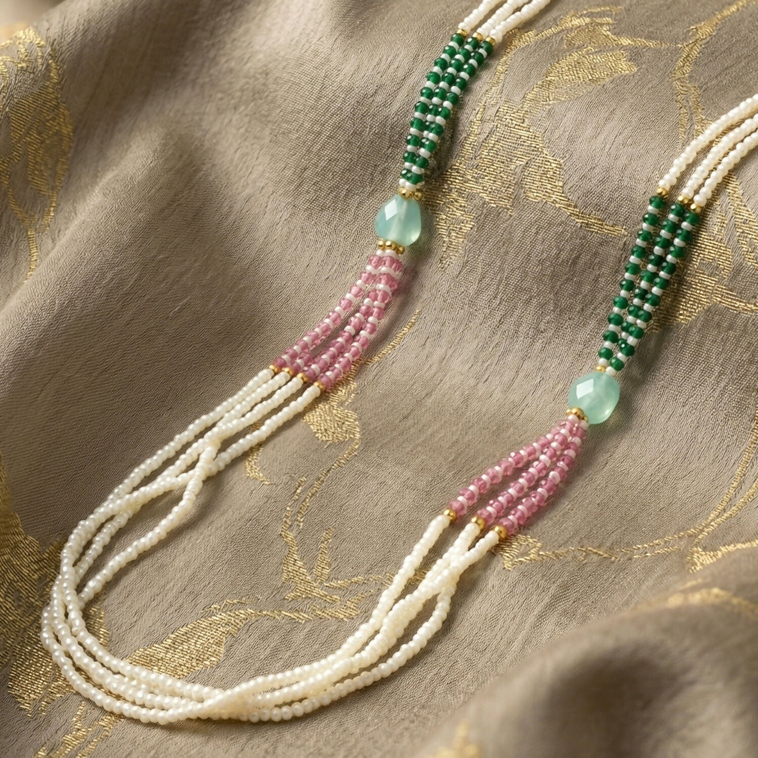 Elegant Multi-Layer Pearl Beaded Necklace with Green, Pink & Pastel Stone Accents